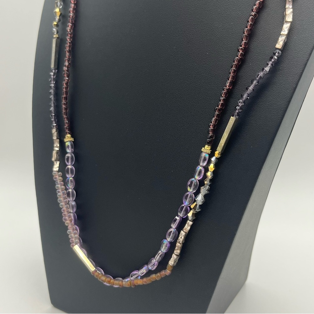 Chico’s Two Strand Purple Glass Bronze Bead Long Necklace Boho Statement Jewelry